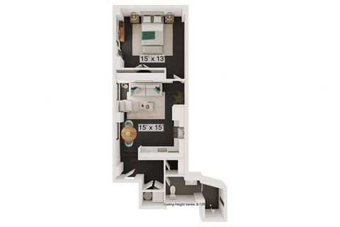 Floor plan for 1 bed, 1 bath, 690 sqft